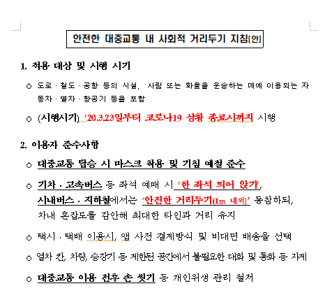 안전한 대중교통 내 사회적 거리두기 지침