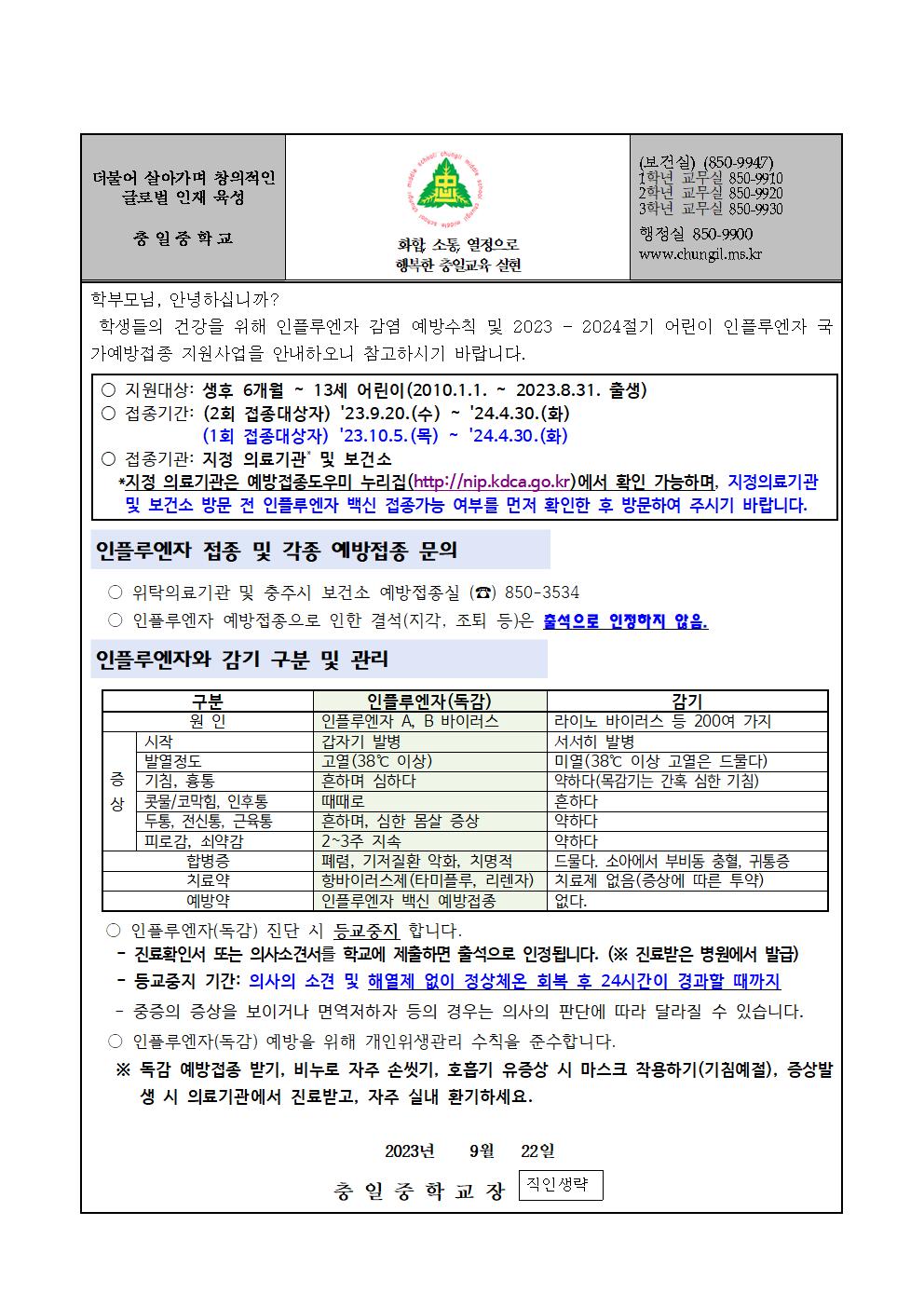 가정통신문(2023 - 2024절기 어린이 인플루엔자 국가예방접종 지원사업 안내)001